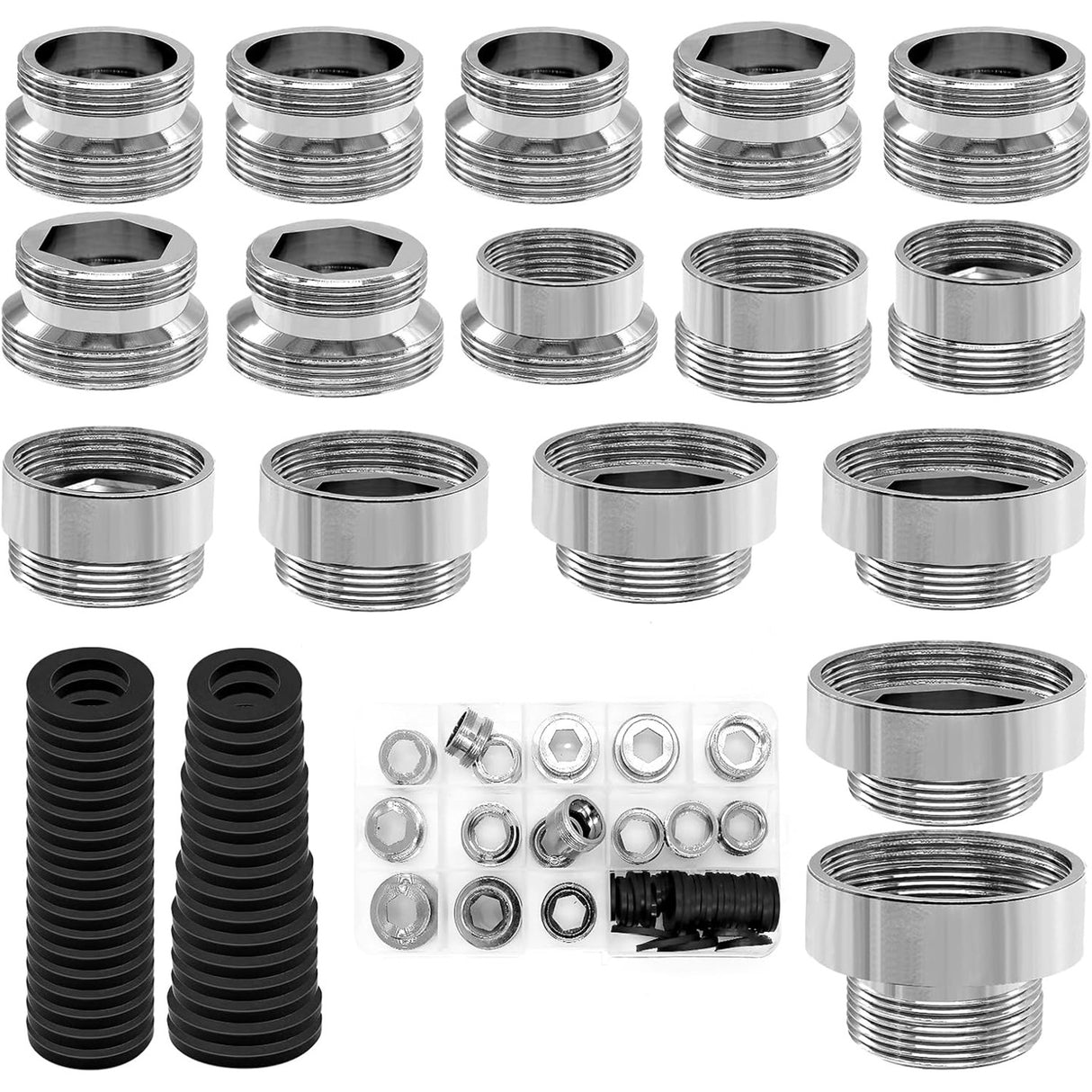 16 Stück Metall Wasserhahn-Adapter Set – alle Gewindeadapter, Dichtringe und Reduzierstücke in der Übersicht