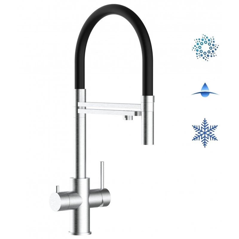 Vizio 5 Wege Wasserhahn Küchenarmatur, Edelstahl Massiv mit 360° schwenkbarem Auslauf, abnehmbare 2 strahl Handbrause, Gebürstet / Schwarz - UrQuelle®