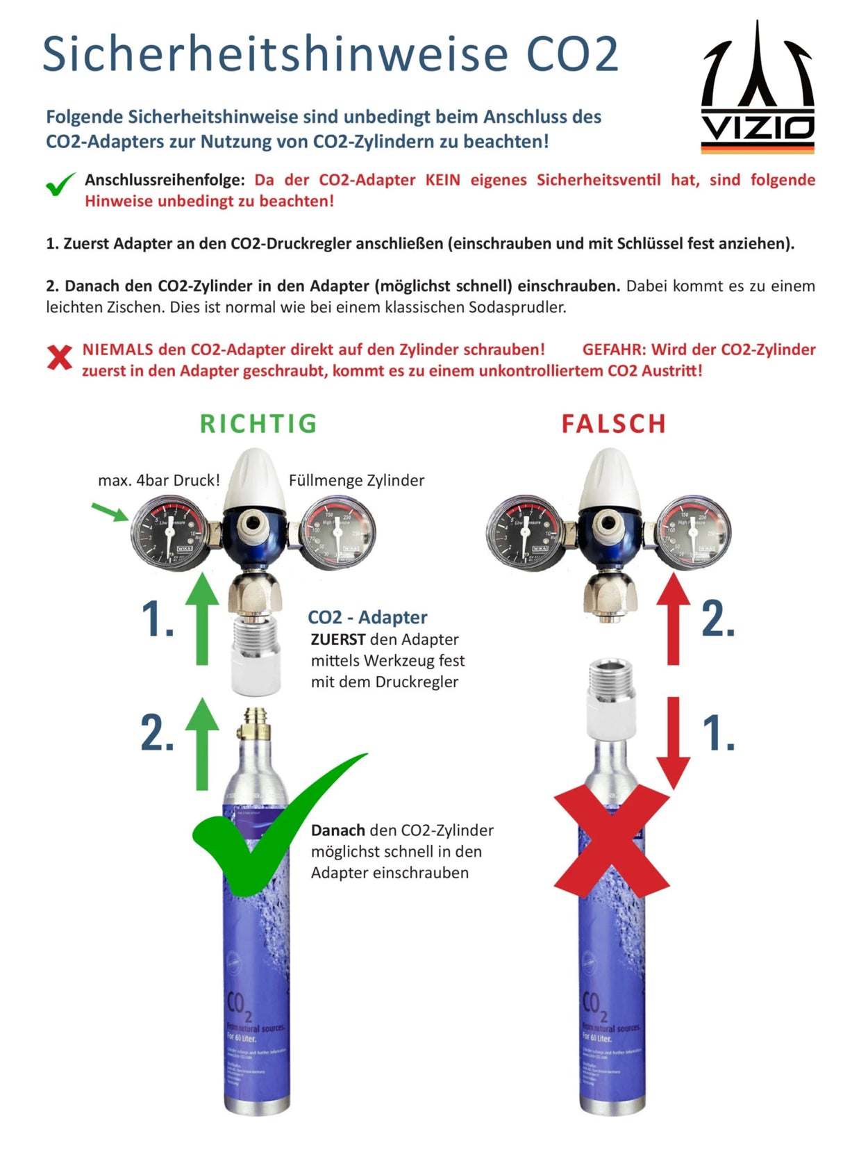 Vizio KIT Sprudelmaschine, CO2 Karbonator zur Erzeugung von frischem Sprudelwasser sowie kühles und temperiertes Tafelwasser – Adapter 425gr Flaschen auf Profi CO2 Druckminderer – CO2 DRUCKMINDERER für GROSSE CO2 Flaschen ab 1KG aufwärts - UrQuelle®