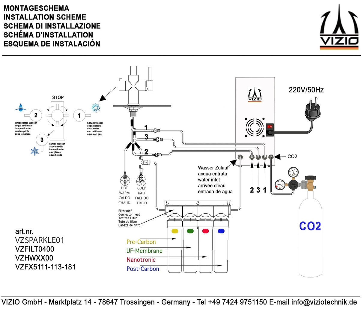Vizio KIT Sprudelmaschine, CO2 Karbonator zur Erzeugung von frischem Sprudelwasser sowie kühles und temperiertes Tafelwasser – Adapter 425gr Flaschen auf Profi CO2 Druckminderer – CO2 DRUCKMINDERER für GROSSE CO2 Flaschen ab 1KG aufwärts - UrQuelle®