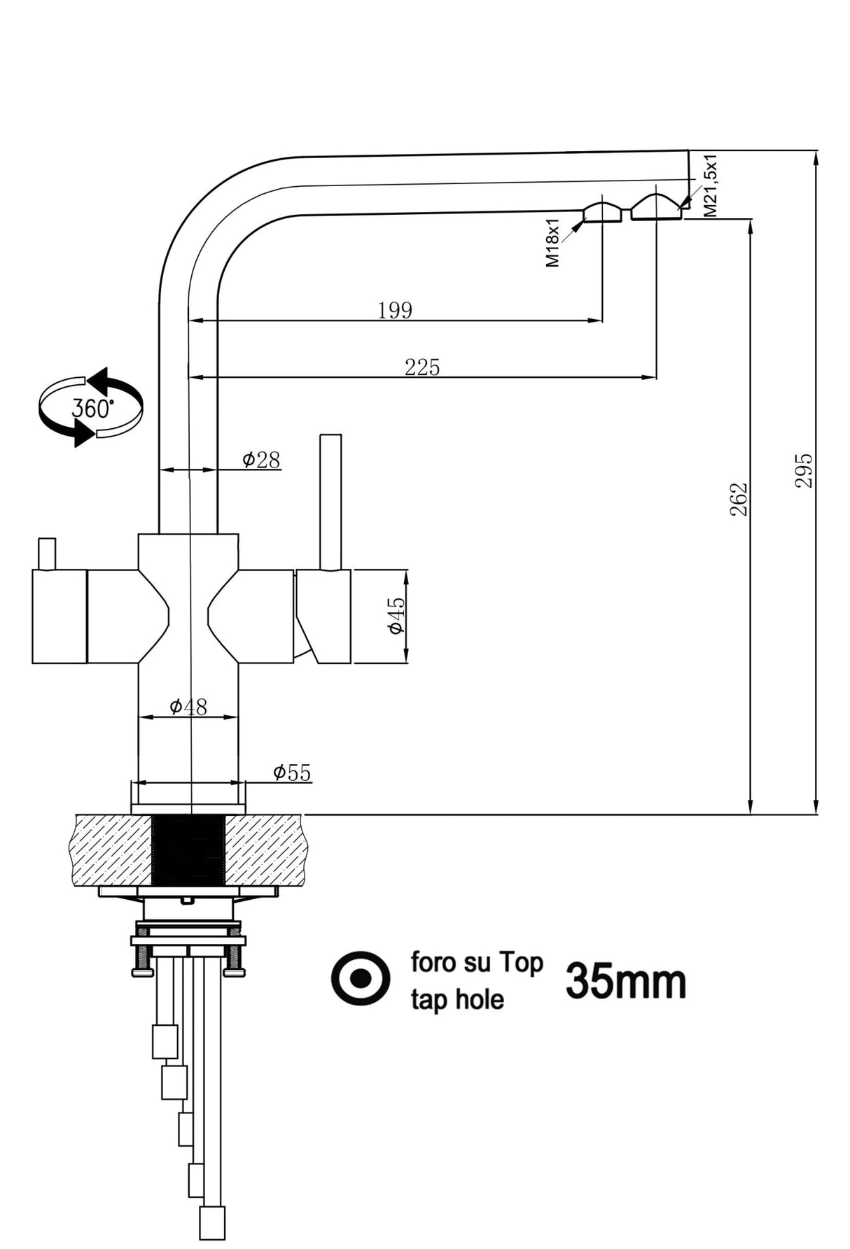 Vizio Kurzversion - 5 Wege Wasserhahn Küchenarmatur, Edelstahl Massiv mit 360° schwenkbarem L - Auslauf , Hochglanz Poliert - UrQuelle®