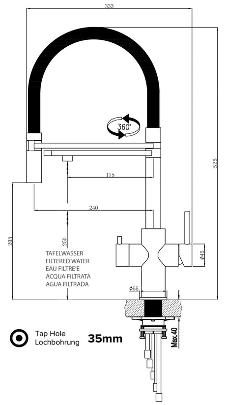 Vizio 5 Wege Wasserhahn Küchenarmatur, Edelstahl Massiv mit 360° schwenkbarem Auslauf, abnehmbare 2 strahl Handbrause, Hochglanz / Schwarz - UrQuelle®