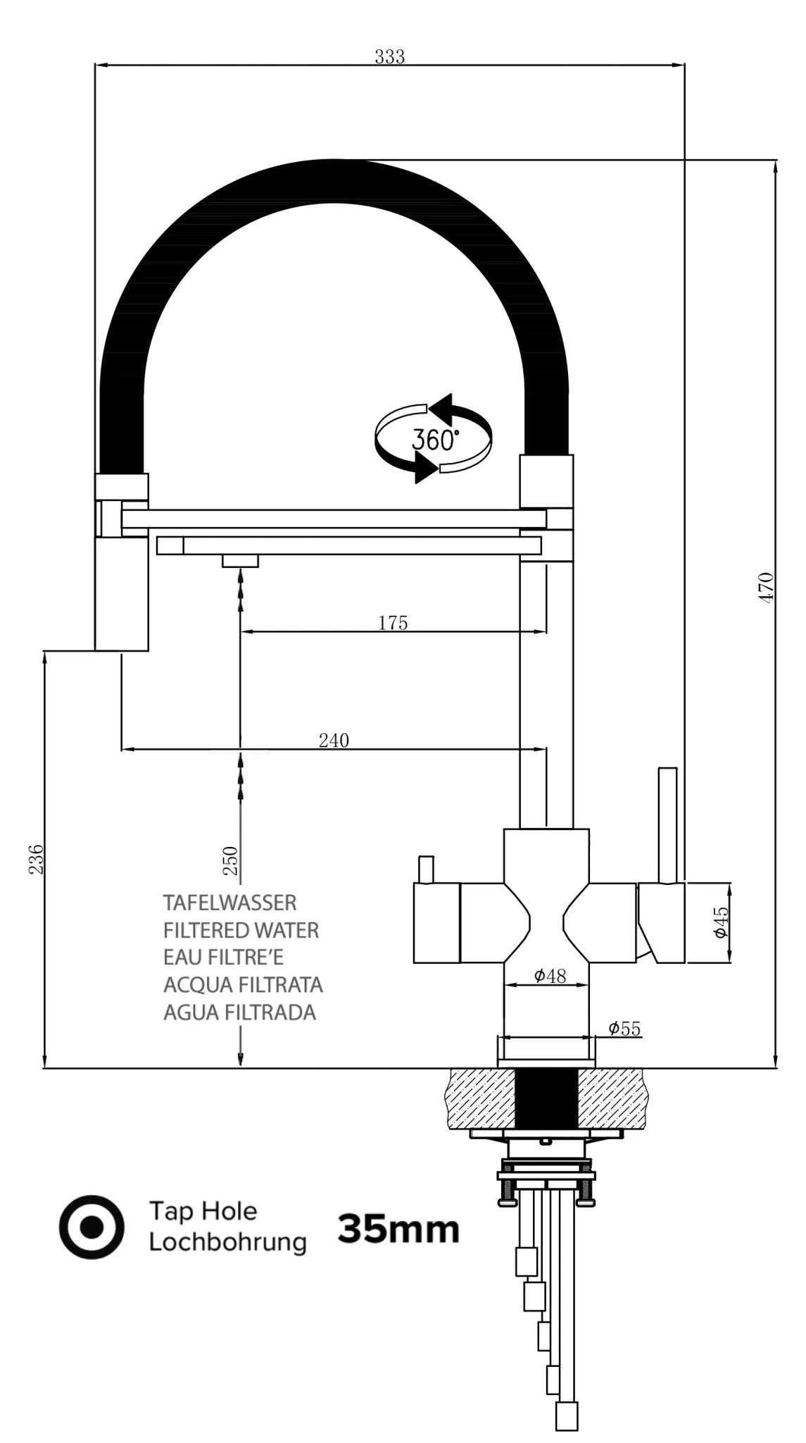 Vizio Kurzversion 47 cm - 5 Wege Wasserhahn Küchenarmatur, Edelstahl Massiv mit 360° schwenkbarem Auslauf, abnehmbare 2 strahl Handbrause, PVD Schwarz Matt - UrQuelle®