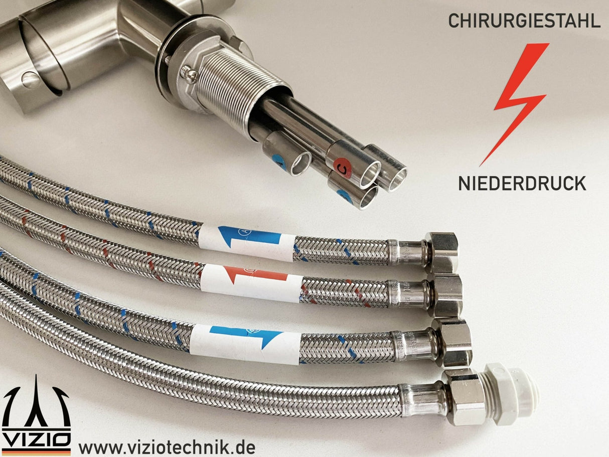 Vizio Niederdruck 3 Wege Wasserhahn Küchenarmatur, Edelstahl Massiv, 360° schwenkbarem L - Auslauf, Gebürstet - UrQuelle