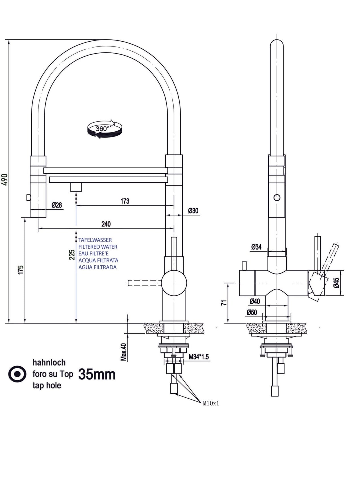 Vizio Niederdruck 3 Wege Wasserhahn Küchenarmatur, Edelstahl Massiv mit 360° schwenkbarem Auslauf, abnehmbare 2 Strahl Handbrause, Gebürstet / Schwarz - UrQuelle
