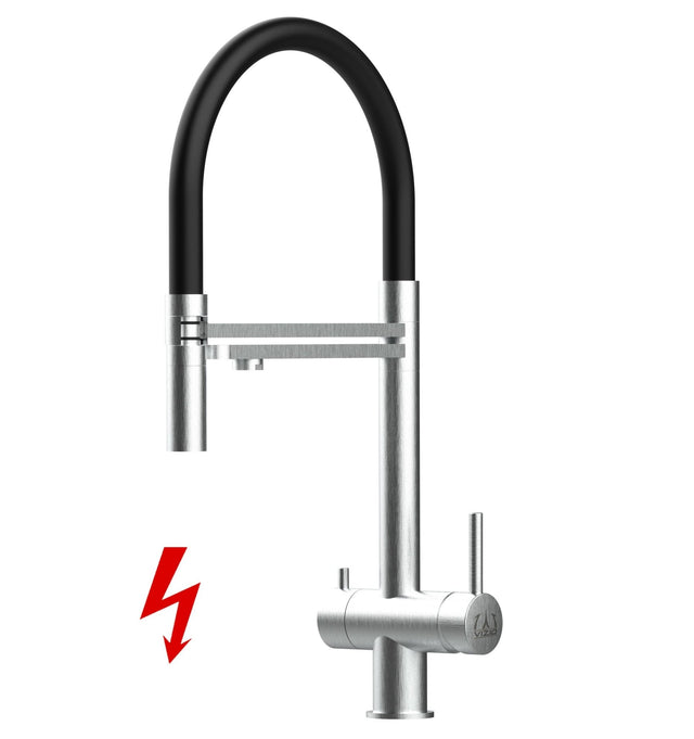Vizio Niederdruck 3 Wege Wasserhahn Küchenarmatur, Edelstahl Massiv mit 360° schwenkbarem Auslauf, abnehmbare 2 Strahl Handbrause, Gebürstet / Schwarz - UrQuelle