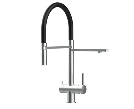 Vizio Niederdruck 3 Wege Wasserhahn Küchenarmatur, Edelstahl Massiv mit 360° schwenkbarem Auslauf, abnehmbare 2 Strahl Handbrause, Gebürstet / Schwarz - UrQuelle