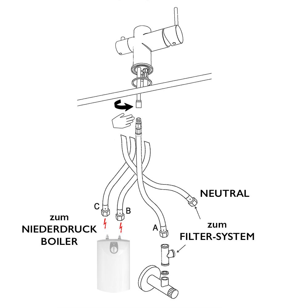 Vizio Niederdruck 3 Wege Wasserhahn Küchenarmatur, Edelstahl Massiv mit 360° schwenkbarem Auslauf, abnehmbare 2 Strahl Handbrause, Hochglanz / Schwarz - UrQuelle