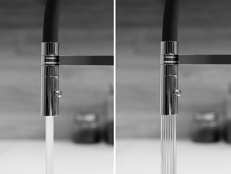 Vizio Niederdruck 3 Wege Wasserhahn Küchenarmatur, Edelstahl Massiv mit 360° schwenkbarem Auslauf, abnehmbare 2 Strahl Handbrause, Hochglanz / Schwarz - UrQuelle